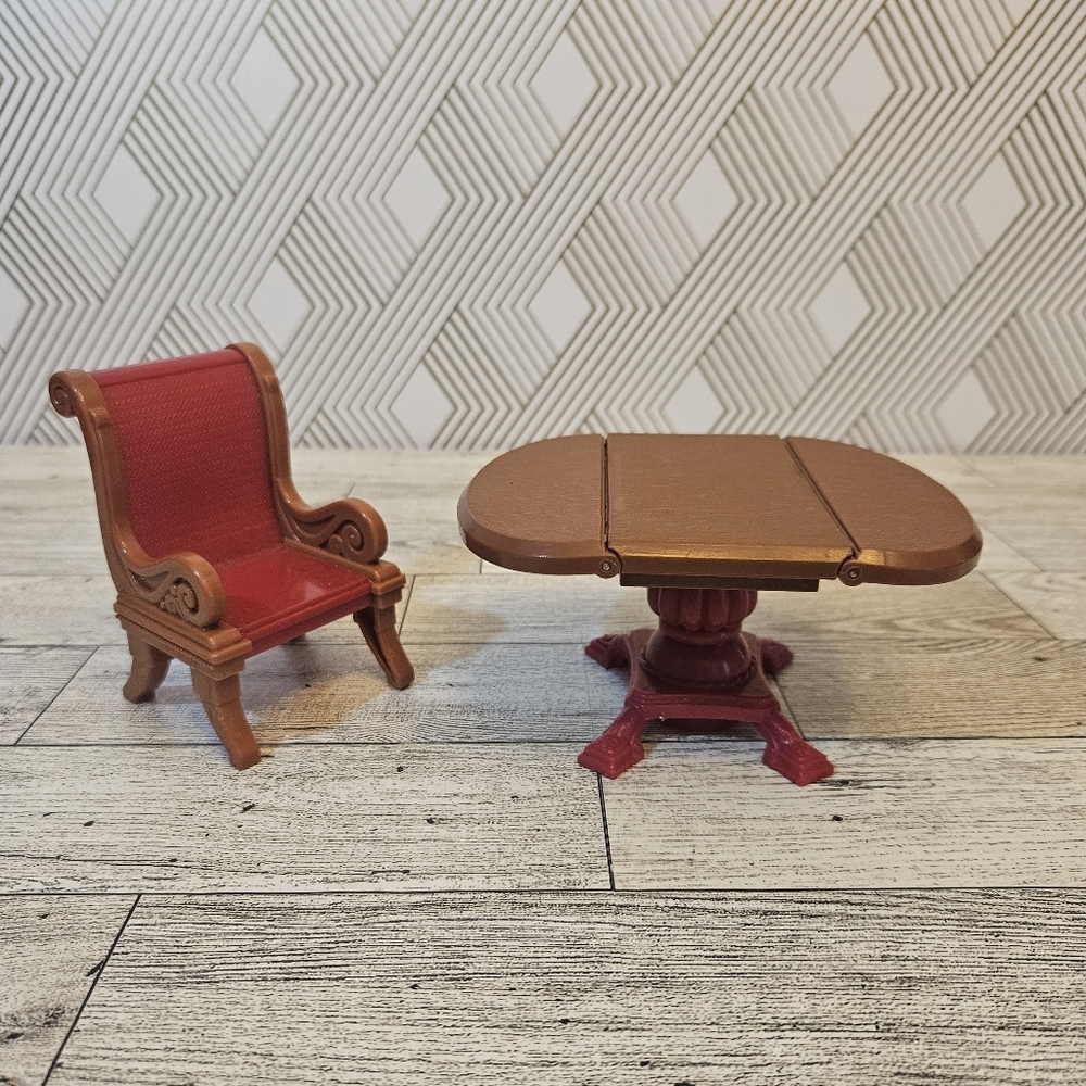 Fisher-Price Loving Family Dollhouse Brown Dining Room Table 1 Red Chair Set - Picture 1 of 7